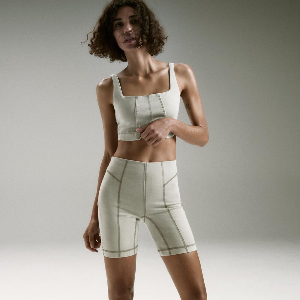 Zara Denim Crop Top Cycling Shorts Set in Khaki